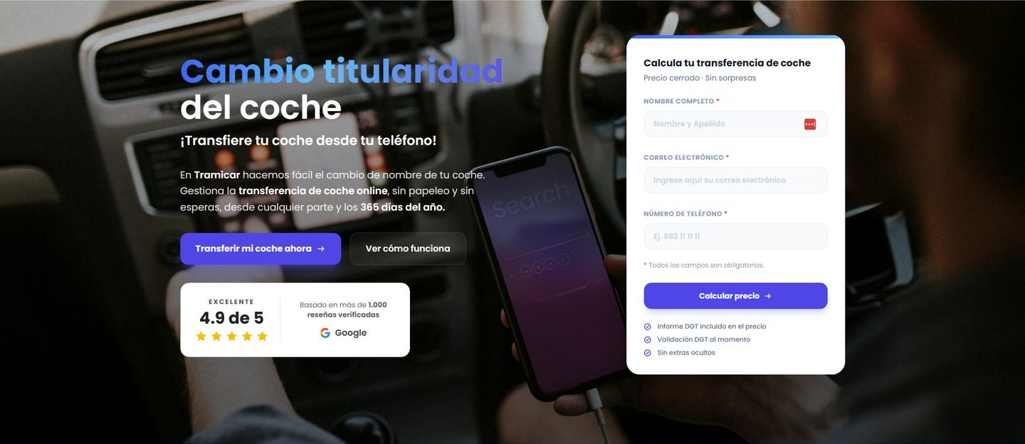 Hero de la página de transferencia de coche con el formulario de precio